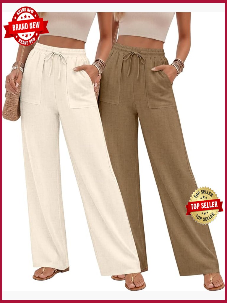 2 Pack Linen Straight Leg Pants With Pockets Drawstring Elastic Waist